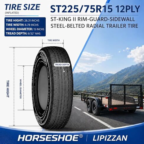 HORSESHOE LIPIZZAN 2 New ST225/75R15 12-Ply ST-KING II إطارات مقطورة LRF ذات حزام فولاذي شعاعي فائقة التحمل مع حافة حماية مميزة على الحائط M 81 ميل في الساعة BSW لجميع التضاريس (ST 225/75R15 12PR) in Kuwait
