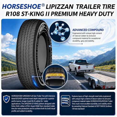 HORSESHOE LIPIZZAN 2 New ST225/75R15 12-Ply ST-KING II إطارات مقطورة LRF ذات حزام فولاذي شعاعي فائقة التحمل مع حافة حماية مميزة على الحائط M 81 ميل في الساعة BSW لجميع التضاريس (ST 225/75R15 12PR) in Kuwait