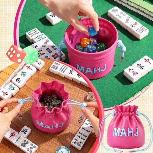 حقيبة Tudomro Mahjong Dice مقاس 4 بوصات من جلد البولي يوريثان، حقيبة صغيرة برباط من Mahjong حقيبة نرد صغيرة للعملات المعدنية ومحفظة لألعاب الطاولة ومجوهرات السفر، مع بطانة مخملية (وردي) in Kuwait