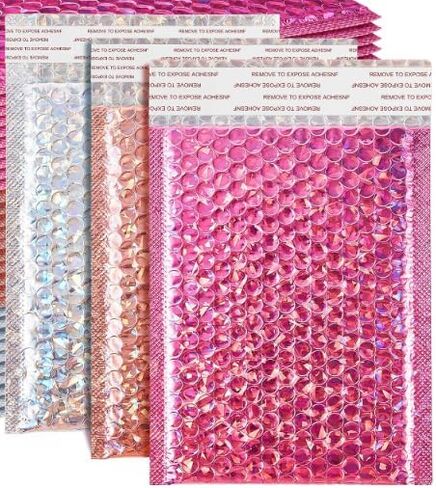 60 Pcs Small Bubble Mailers Cute Holographic Padded Envelopes, 6 x 9.5 Inch Self Seal Waterproof Shipping Bags for Jewelry Makeup Accessories Small Business (Silver Pink Rose Pink) in Kuwait