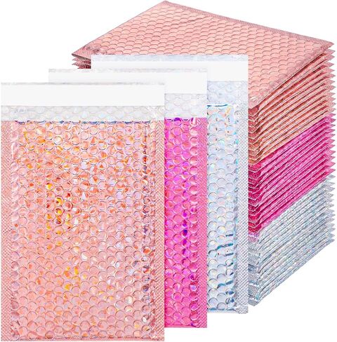60 Pcs Small Bubble Mailers Cute Holographic Padded Envelopes, 6 x 9.5 Inch Self Seal Waterproof Shipping Bags for Jewelry Makeup Accessories Small Business (Silver Pink Rose Pink) in Kuwait