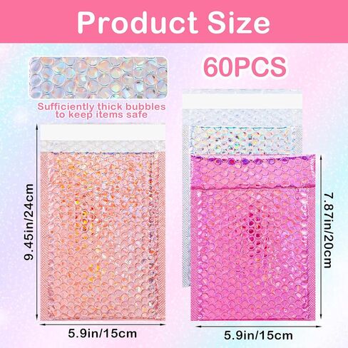 60 Pcs Small Bubble Mailers Cute Holographic Padded Envelopes, 6 x 9.5 Inch Self Seal Waterproof Shipping Bags for Jewelry Makeup Accessories Small Business (Silver Pink Rose Pink) in Kuwait