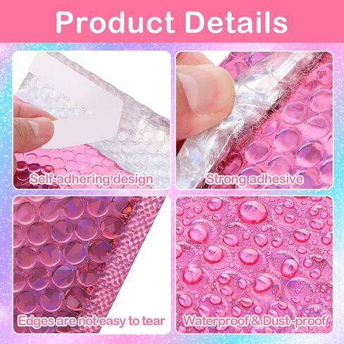 60 Pcs Small Bubble Mailers Cute Holographic Padded Envelopes, 6 x 9.5 Inch Self Seal Waterproof Shipping Bags for Jewelry Makeup Accessories Small Business (Silver Pink Rose Pink) in Kuwait