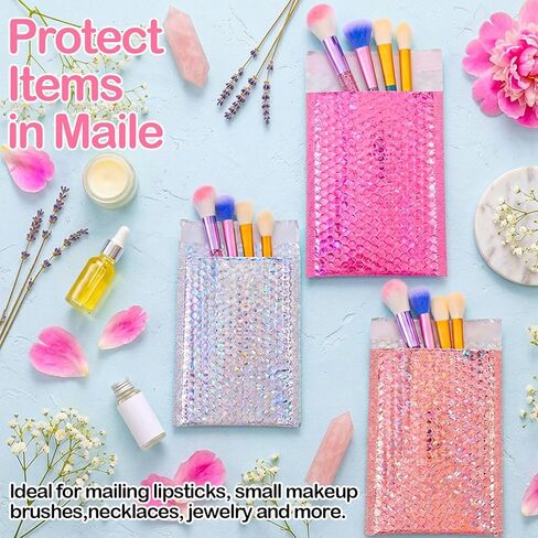 60 Pcs Small Bubble Mailers Cute Holographic Padded Envelopes, 6 x 9.5 Inch Self Seal Waterproof Shipping Bags for Jewelry Makeup Accessories Small Business (Silver Pink Rose Pink) in Kuwait