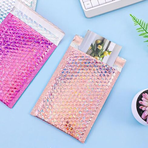60 Pcs Small Bubble Mailers Cute Holographic Padded Envelopes, 6 x 9.5 Inch Self Seal Waterproof Shipping Bags for Jewelry Makeup Accessories Small Business (Silver Pink Rose Pink) in Kuwait