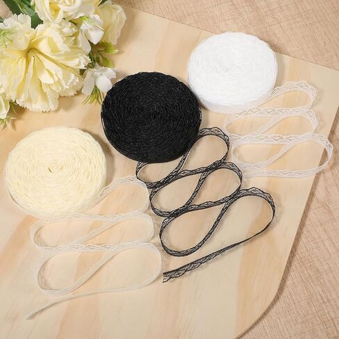 60 Yards Lace Ribbon Roll 0.6 Inch Wide Sewing Crafts Trim Ribbon Flower Fabric Lace Trim Roll for Wedding Decoration, Bouquet, and Gift Packaging(Black, White, Beige) in Kuwait