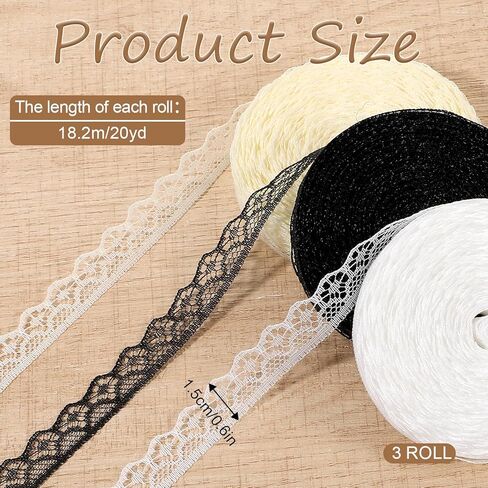 60 Yards Lace Ribbon Roll 0.6 Inch Wide Sewing Crafts Trim Ribbon Flower Fabric Lace Trim Roll for Wedding Decoration, Bouquet, and Gift Packaging(Black, White, Beige) in Kuwait