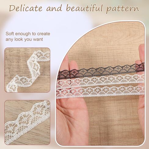 60 Yards Lace Ribbon Roll 0.6 Inch Wide Sewing Crafts Trim Ribbon Flower Fabric Lace Trim Roll for Wedding Decoration, Bouquet, and Gift Packaging(Black, White, Beige) in Kuwait