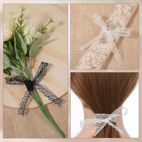 60 Yards Lace Ribbon Roll 0.6 Inch Wide Sewing Crafts Trim Ribbon Flower Fabric Lace Trim Roll for Wedding Decoration, Bouquet, and Gift Packaging(Black, White, Beige) in Kuwait