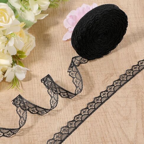 60 Yards Lace Ribbon Roll 0.6 Inch Wide Sewing Crafts Trim Ribbon Flower Fabric Lace Trim Roll for Wedding Decoration, Bouquet, and Gift Packaging(Black, White, Beige) in Kuwait