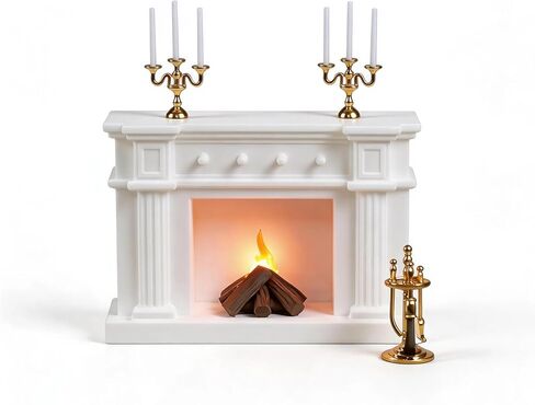 1:12 Scale Miniature Dollhouse Fireplace Set with Animated LED Fire Light, 3-Arm Candelabra & Tools – Realistic Decorative Fireplace for Dollhouse Lovers in Saudi Arabia