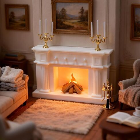 1:12 Scale Miniature Dollhouse Fireplace Set with Animated LED Fire Light, 3-Arm Candelabra & Tools – Realistic Decorative Fireplace for Dollhouse Lovers in Saudi Arabia