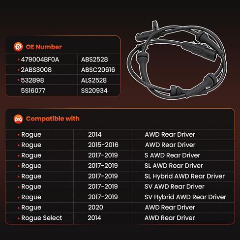 479004Bf0A 2Pcs Rear Left and Right Abs Wheel Speed Sensor Compatible with Rogue 2014-2020, Rogue Select 2014, 2ABS3008, 532898, 5S16077, ABS2528, ABSC20616, SS20934, ALS2528 in Kuwait
