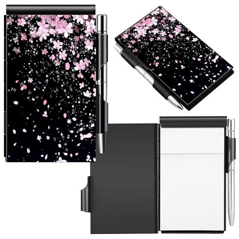 DIGTIALL Metal Pocket Notebook with Pen and Refillable Paper, Small Notebook, Metal Flip Memo Pad Holder, Mini Notepad for Tradie Notes, Pocket Notebook Cover,Cherry Blossoms Glittery in Saudi Arabia