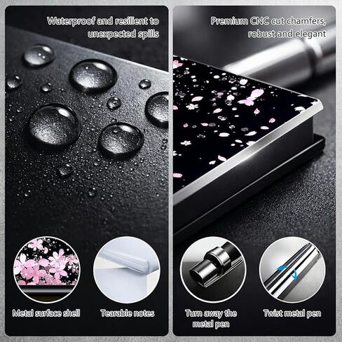 DIGTIALL Metal Pocket Notebook with Pen and Refillable Paper, Small Notebook, Metal Flip Memo Pad Holder, Mini Notepad for Tradie Notes, Pocket Notebook Cover,Cherry Blossoms Glittery in Saudi Arabia
