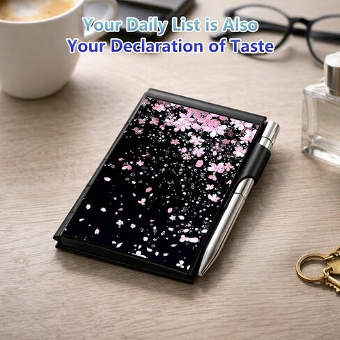 DIGTIALL Metal Pocket Notebook with Pen and Refillable Paper, Small Notebook, Metal Flip Memo Pad Holder, Mini Notepad for Tradie Notes, Pocket Notebook Cover,Cherry Blossoms Glittery in Saudi Arabia