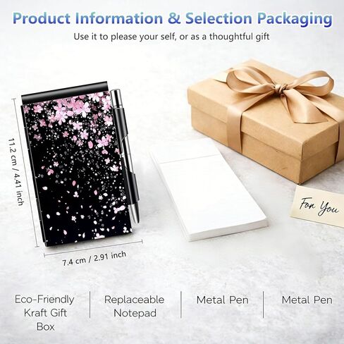 DIGTIALL Metal Pocket Notebook with Pen and Refillable Paper, Small Notebook, Metal Flip Memo Pad Holder, Mini Notepad for Tradie Notes, Pocket Notebook Cover,Cherry Blossoms Glittery in Saudi Arabia
