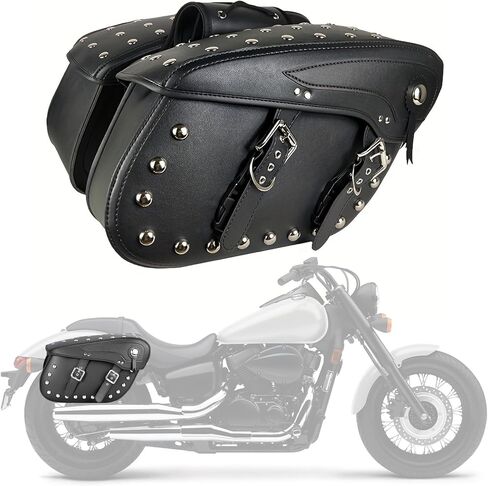 Pair of Motorcycle Saddlebags with Studded Rivet Design, 30L Large Capacity Water-Resistant PU Leather Bags, Quick-Release with Braided Straps in Saudi Arabia
