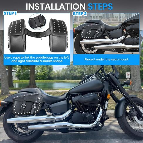 Pair of Motorcycle Saddlebags with Studded Rivet Design, 30L Large Capacity Water-Resistant PU Leather Bags, Quick-Release with Braided Straps in Saudi Arabia