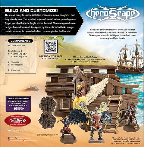 Renegade Game Studios Heroscape Shores of Valhalla Terrain Expansion، مجموعة ساحة المعركة الساحلية المكونة من 18 قطعة، ومدافع حطام السفن والملحقات المتوافقة مع Hex in Kuwait