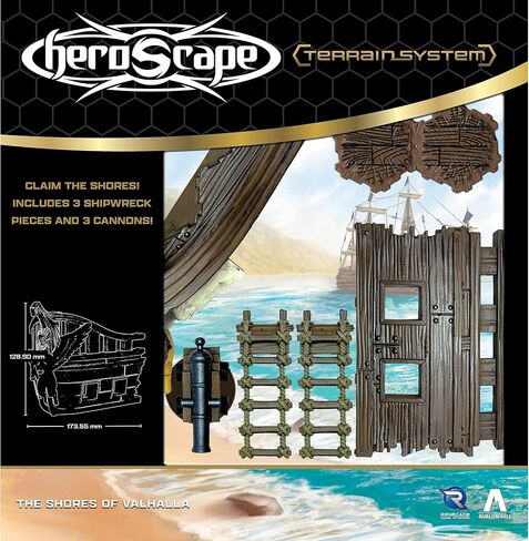 Renegade Game Studios Heroscape Shores of Valhalla Terrain Expansion، مجموعة ساحة المعركة الساحلية المكونة من 18 قطعة، ومدافع حطام السفن والملحقات المتوافقة مع Hex in Kuwait