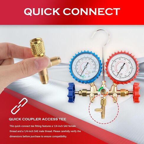 2PCS 1/4" SAE Valve Core Tee Adapter with Swivel Connector,Brass Quick Coupler Access Tee for Quick Connect & Tight Sealing,Universal Car Accessories for R12/R22/R134A in Kuwait