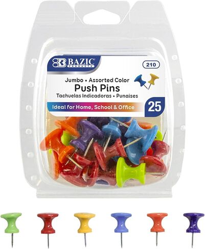 BAZIC Push Pins, Jumbo Plastic Head, Assorted Color Thumb Tacks Steel Point Pin for Cork Bulletin Board Map Posters Office School (25/Pack), 1-Pack in Kuwait