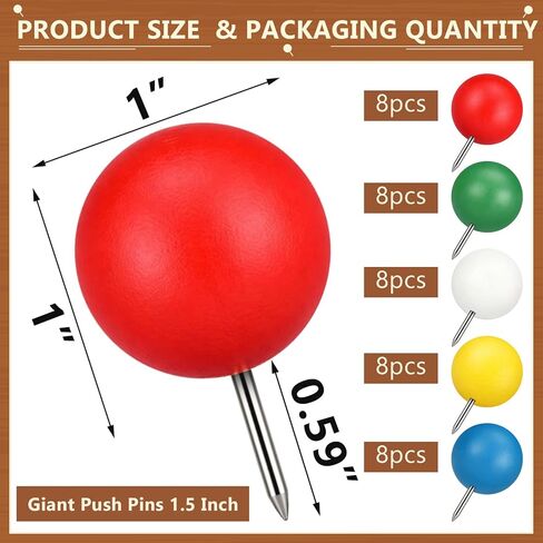 ReliThick 40 Pcs Giant Push Pins 1.5 Inch Multicolor Large Push Pins Jumbo Thumb Tacks for Cork Bulletin Board, World Map Pin Board, Fabric Marking, Craft, Office in Kuwait