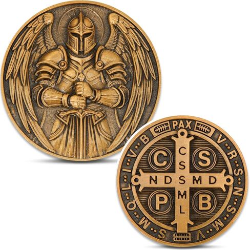 Saint Michael & St. Benedict Challenge Coin,Faith and Courage Pocket Token for Prayer, Strength & Blessing Gift,3D Engraved Zinc Alloy for Law Enforcement, Christians, Spiritual Gifts in Saudi Arabia