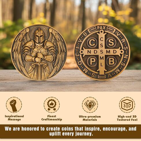 Saint Michael & St. Benedict Challenge Coin,Faith and Courage Pocket Token for Prayer, Strength & Blessing Gift,3D Engraved Zinc Alloy for Law Enforcement, Christians, Spiritual Gifts in Saudi Arabia