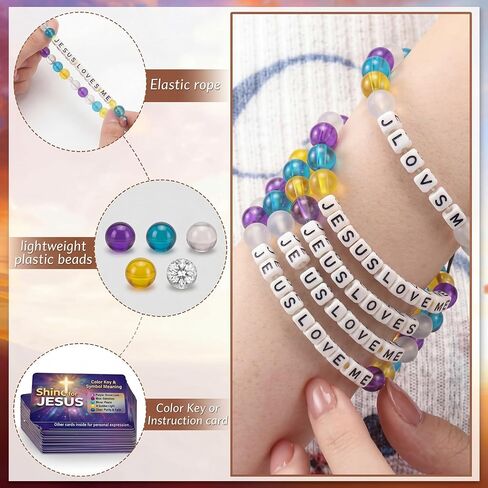 Unittype 24 Sets 2026 VBS DIY Crafts Illumination Bracelet Making Kit 2026 Illumination DIY Jesus Loves Me Bead Wristband Craft Kit with Bible Lesson Cards for Sunday School Classroom Party Gifts in Kuwait