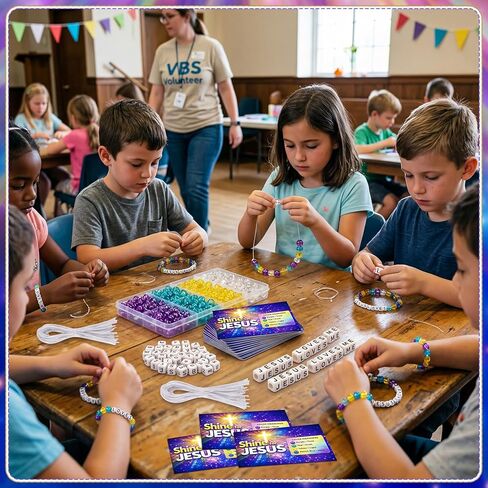 Unittype 24 Sets 2026 VBS DIY Crafts Illumination Bracelet Making Kit 2026 Illumination DIY Jesus Loves Me Bead Wristband Craft Kit with Bible Lesson Cards for Sunday School Classroom Party Gifts in Kuwait