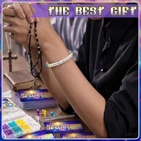 Unittype 24 Sets 2026 VBS DIY Crafts Illumination Bracelet Making Kit 2026 Illumination DIY Jesus Loves Me Bead Wristband Craft Kit with Bible Lesson Cards for Sunday School Classroom Party Gifts in Kuwait