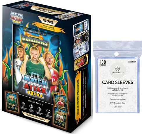 علبة Match Attax Extra 2026 Random Mega Tin 25/26 تحتوي على 45 بطاقة Match Attax لكرة القدم + 3 بطاقات LE حصرية + مُجمَّعة مع أكمام حماية للبطاقات المميزة in Kuwait