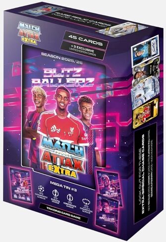 علبة Match Attax Extra 2026 Random Mega Tin 25/26 تحتوي على 45 بطاقة Match Attax لكرة القدم + 3 بطاقات LE حصرية + مُجمَّعة مع أكمام حماية للبطاقات المميزة in Kuwait