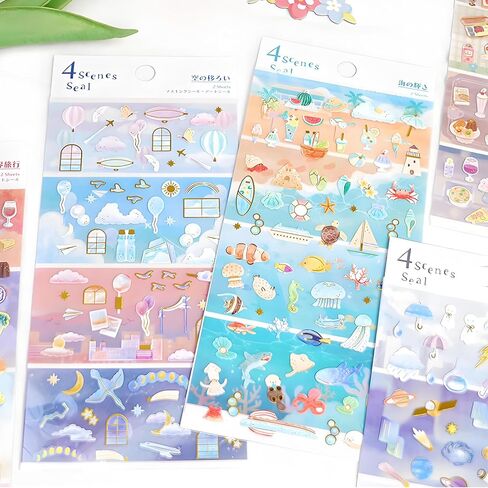 Beautiful Japanese Aesthetic Washi Stickers Set with Gold Foil 12 Sheets 6 Scenes and 6 Mini Stickers for Travel Food Ocean Seasonal and City Themes Perfect for Journals Scrapbooks and Planners in Kuwait