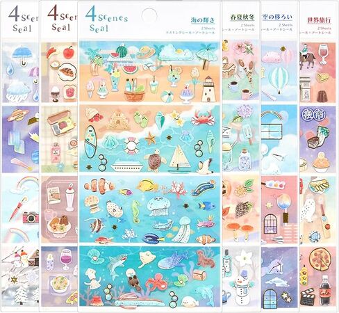 Beautiful Japanese Aesthetic Washi Stickers Set with Gold Foil 12 Sheets 6 Scenes and 6 Mini Stickers for Travel Food Ocean Seasonal and City Themes Perfect for Journals Scrapbooks and Planners in Kuwait