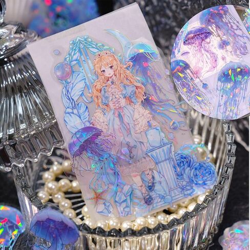 100 Piece Jellyfish Scrapbooking Stickers, Holographic & Vintage Design Adhesive Stickers for Album Crafts, Calendar Planner, DIY Art in Kuwait