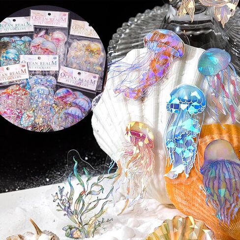 100 Piece Jellyfish Scrapbooking Stickers, Holographic & Vintage Design Adhesive Stickers for Album Crafts, Calendar Planner, DIY Art in Kuwait
