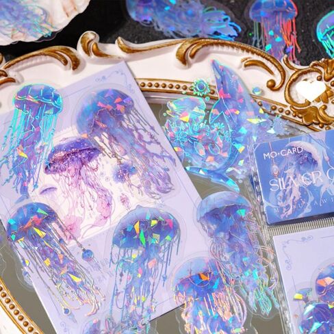 100 Piece Jellyfish Scrapbooking Stickers, Holographic & Vintage Design Adhesive Stickers for Album Crafts, Calendar Planner, DIY Art in Kuwait