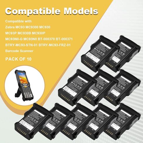 10 عبوات لاستبدال بطارية الماسح الضوئي Zebra MC93: لـ Zebra MC93 MC9300 MC930 MC93P MC930B MC930P MC93N0-G MC93N0 BT-000370 BT-000371 BTRY-MC93-STN-01 بطارية قابلة لإعادة الشحن ماسح الباركود 6700 مللي أمبير في الساعة in Kuwait