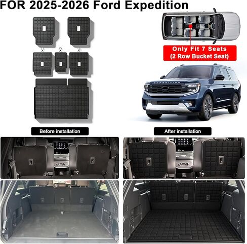سجادات أرضية لسيارة Ford Expedition 2025 2026 ذات 7 مقاعد في الصف الثاني (ليست للحد الأقصى) وحصيرة صندوق السيارة ومسند الظهر، TPE للحماية من جميع الأحوال الجوية للصف الثاني والثالث مجموعة كاملة من الملحقات in Kuwait