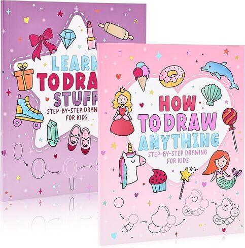 ZICOTO Fun How to Draw Books for Kids مجموعة من 2 - هدايا كتاب الرسم والتلوين اللطيفة خطوة بخطوة للفتيات الذين تتراوح أعمارهم بين 4-6، 6-8 و8-12 - تعلم رسم تصاميم جميلة بخطوات سهلة للفنانين الصغار in Kuwait