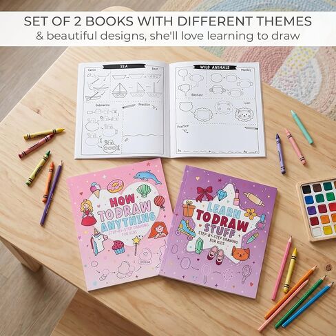 ZICOTO Fun How to Draw Books for Kids مجموعة من 2 - هدايا كتاب الرسم والتلوين اللطيفة خطوة بخطوة للفتيات الذين تتراوح أعمارهم بين 4-6، 6-8 و8-12 - تعلم رسم تصاميم جميلة بخطوات سهلة للفنانين الصغار in Kuwait