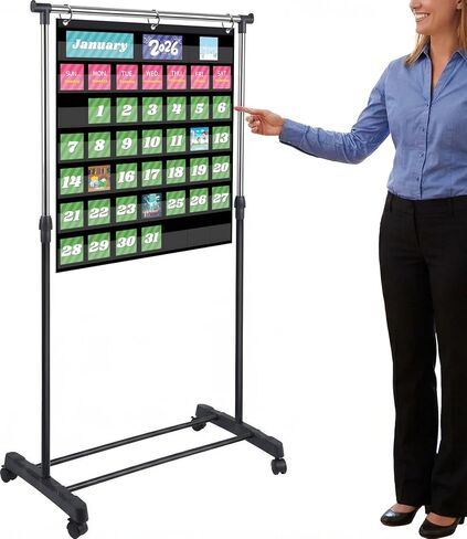 Adjustable Pocket Chart Stand, 2026 New Expandable Pocket Chart Stand with Wheels, Stainless Steel Anchor Holder with 3 Rings for Classroom Home Educational Tools, Adjustable to 62in in Saudi Arabia