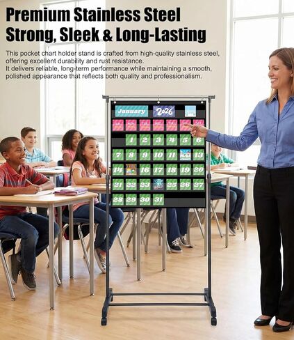 Adjustable Pocket Chart Stand, 2026 New Expandable Pocket Chart Stand with Wheels, Stainless Steel Anchor Holder with 3 Rings for Classroom Home Educational Tools, Adjustable to 62in in Saudi Arabia