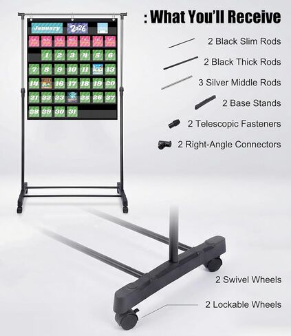 Adjustable Pocket Chart Stand, 2026 New Expandable Pocket Chart Stand with Wheels, Stainless Steel Anchor Holder with 3 Rings for Classroom Home Educational Tools, Adjustable to 62in in Saudi Arabia