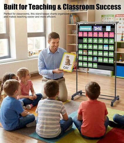 Adjustable Pocket Chart Stand, 2026 New Expandable Pocket Chart Stand with Wheels, Stainless Steel Anchor Holder with 3 Rings for Classroom Home Educational Tools, Adjustable to 62in in Saudi Arabia