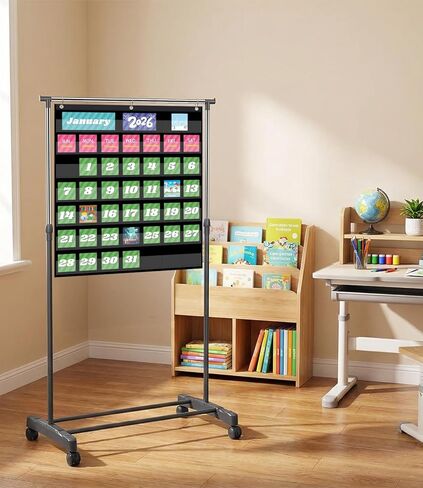 Adjustable Pocket Chart Stand, 2026 New Expandable Pocket Chart Stand with Wheels, Stainless Steel Anchor Holder with 3 Rings for Classroom Home Educational Tools, Adjustable to 62in in Saudi Arabia