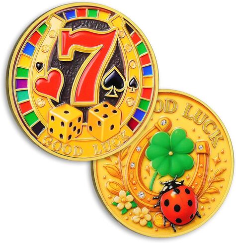 Original Double Sided Lucky Coin - Good Luck Charm Coin with Horseshoe, Four Leaf Clover, Ladybug and Lucky Number 7 Design - Poker Card Guard Gift for Good Luck, Prosperity and Success in Saudi Arabia